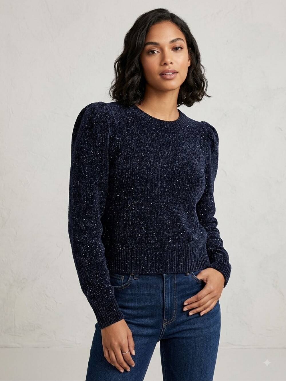 ​MICHAEL Michael Kors Chenille Sparkle Puff Sleeve Sweater Navy Silver M Holiday